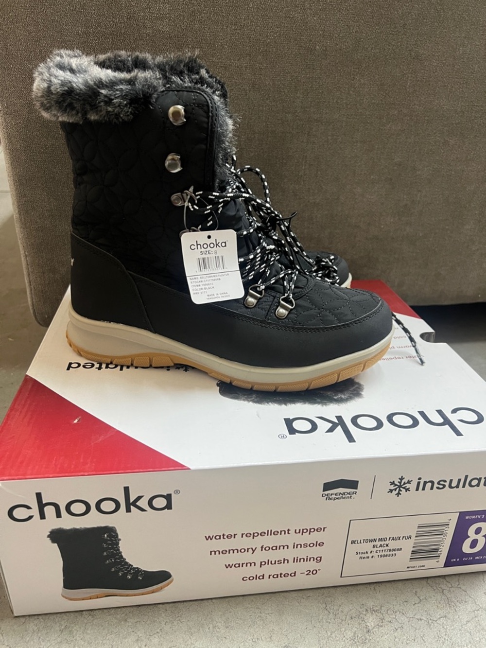 chooka Black Quilted Winter Lace-Up Boot with Faux Fur Collar